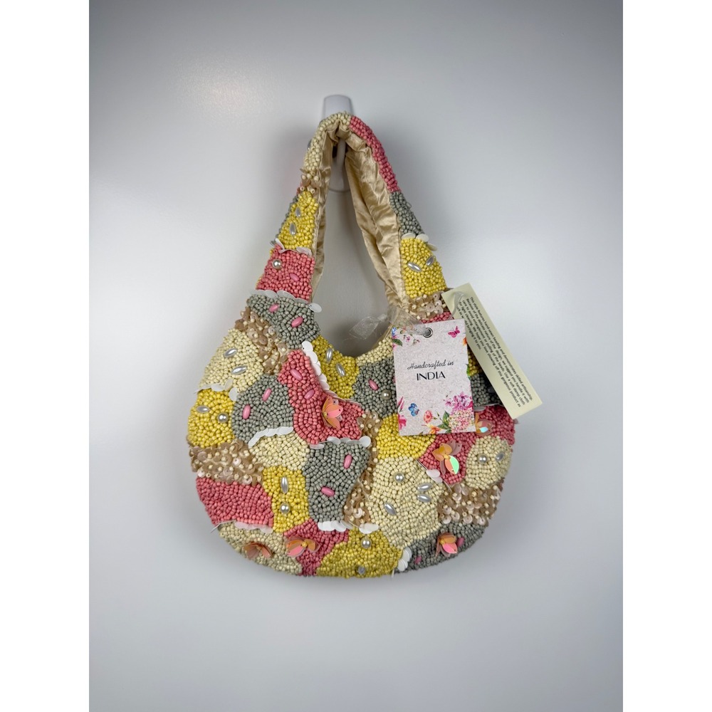 NWT Handcrafted India Beaded Hobo Bag Pastel‎ Sequin Pearl Embellished New